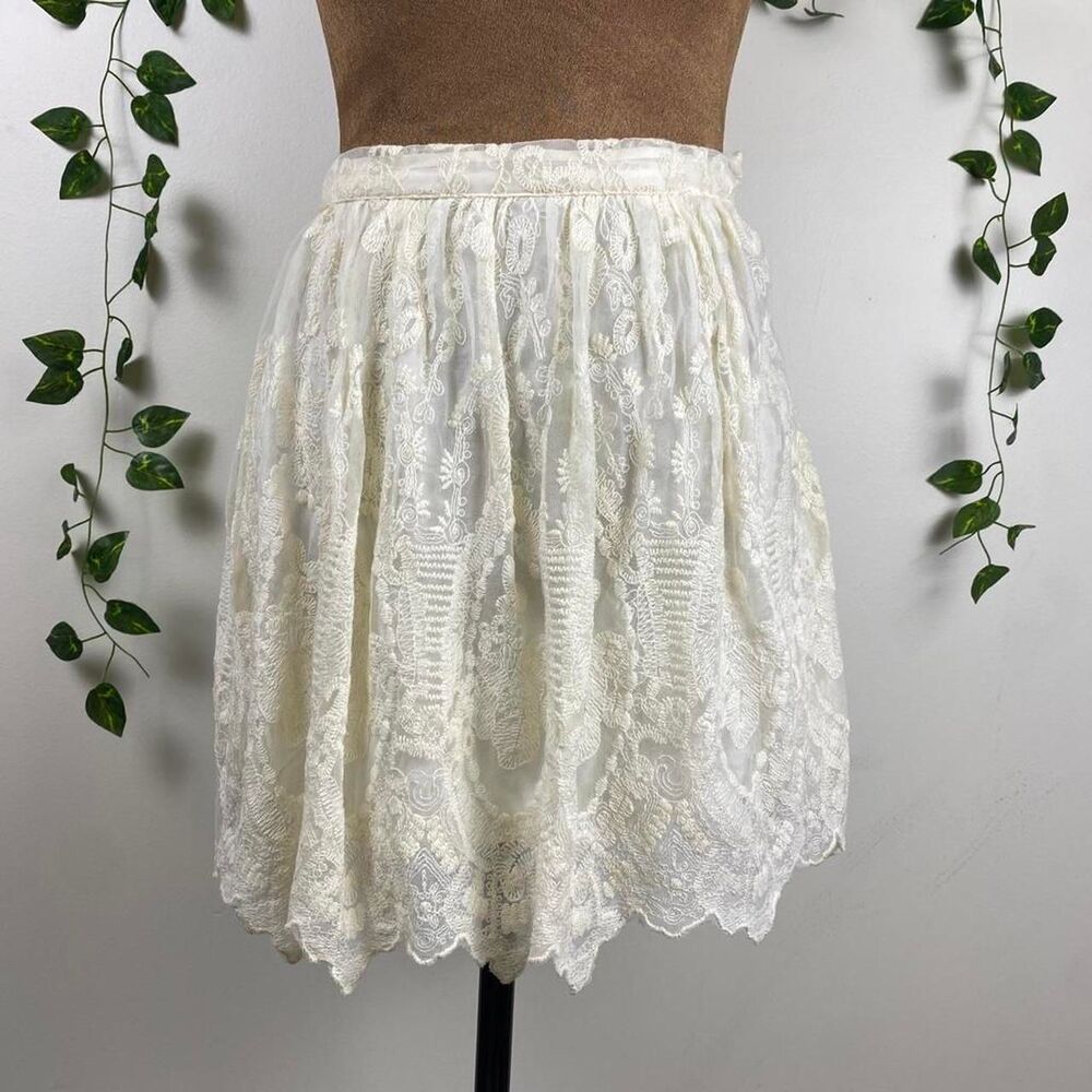XS cream lace mini skirt embroidery asymmetrical hem boho fairy coquette cottage